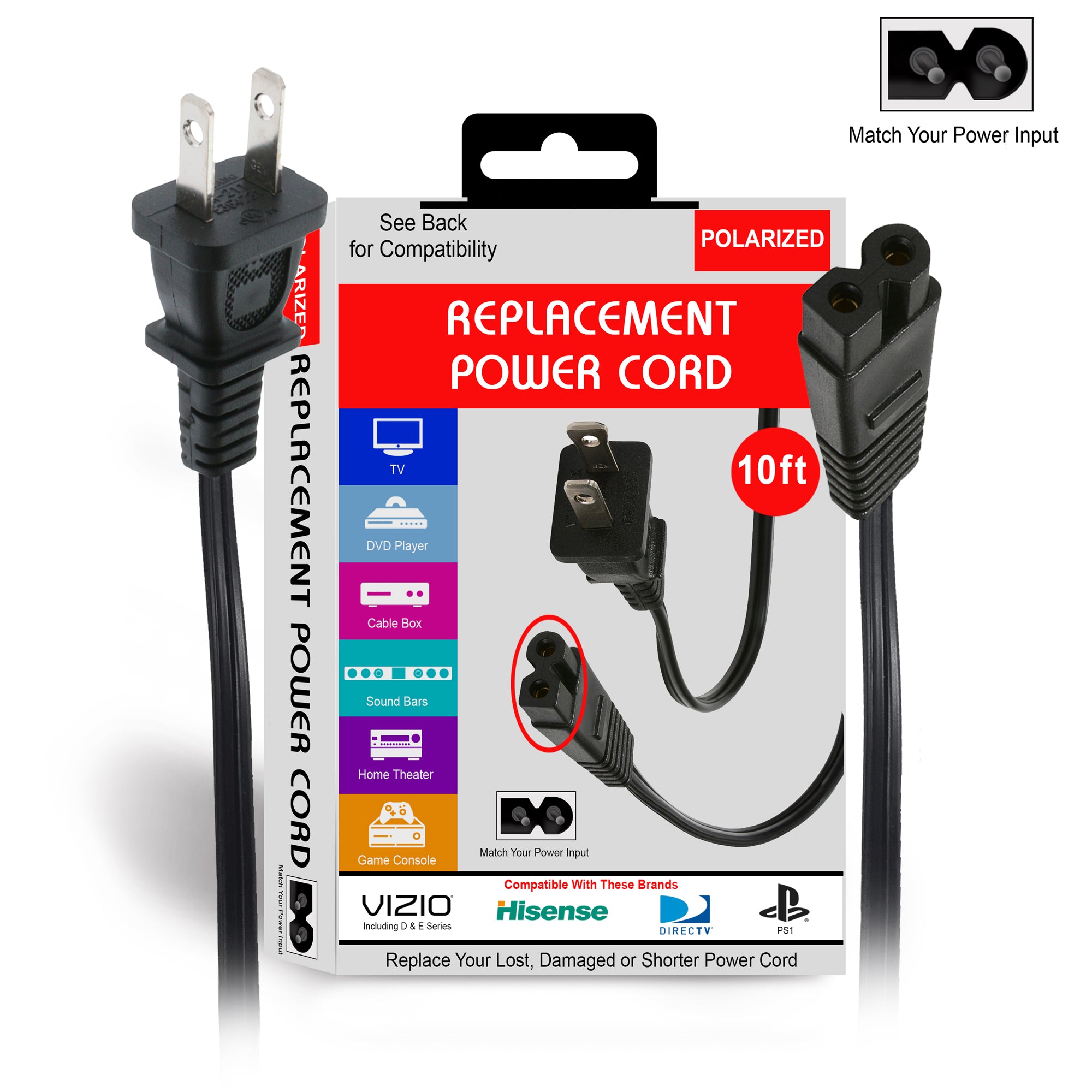 10-ft Replacement Polarized Power Cord, Works with VIZIO, Hisense TVs, and Comcast