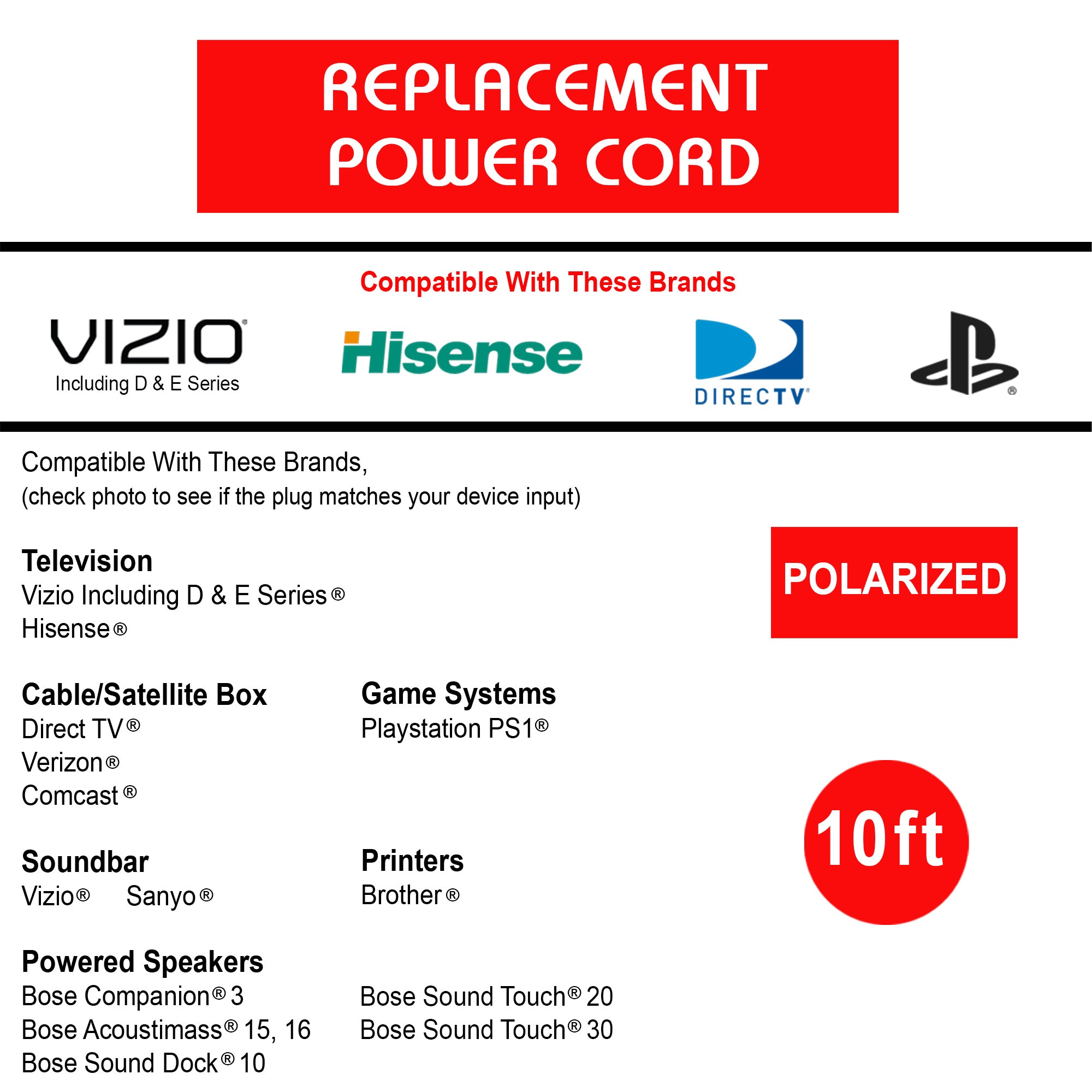 10-ft Replacement Polarized Power Cord, Works with VIZIO, Hisense TVs, and Comcast