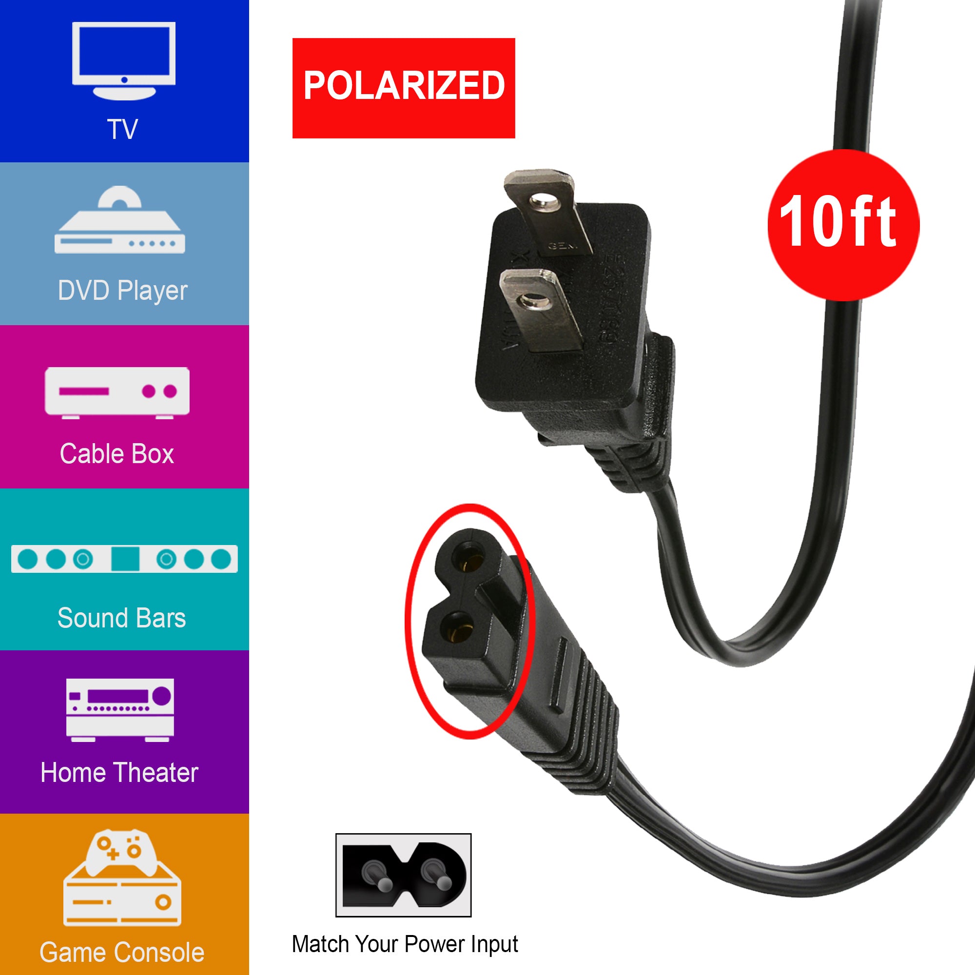 10-ft Replacement Polarized Power Cord, Works with VIZIO, Hisense TVs, and Comcast
