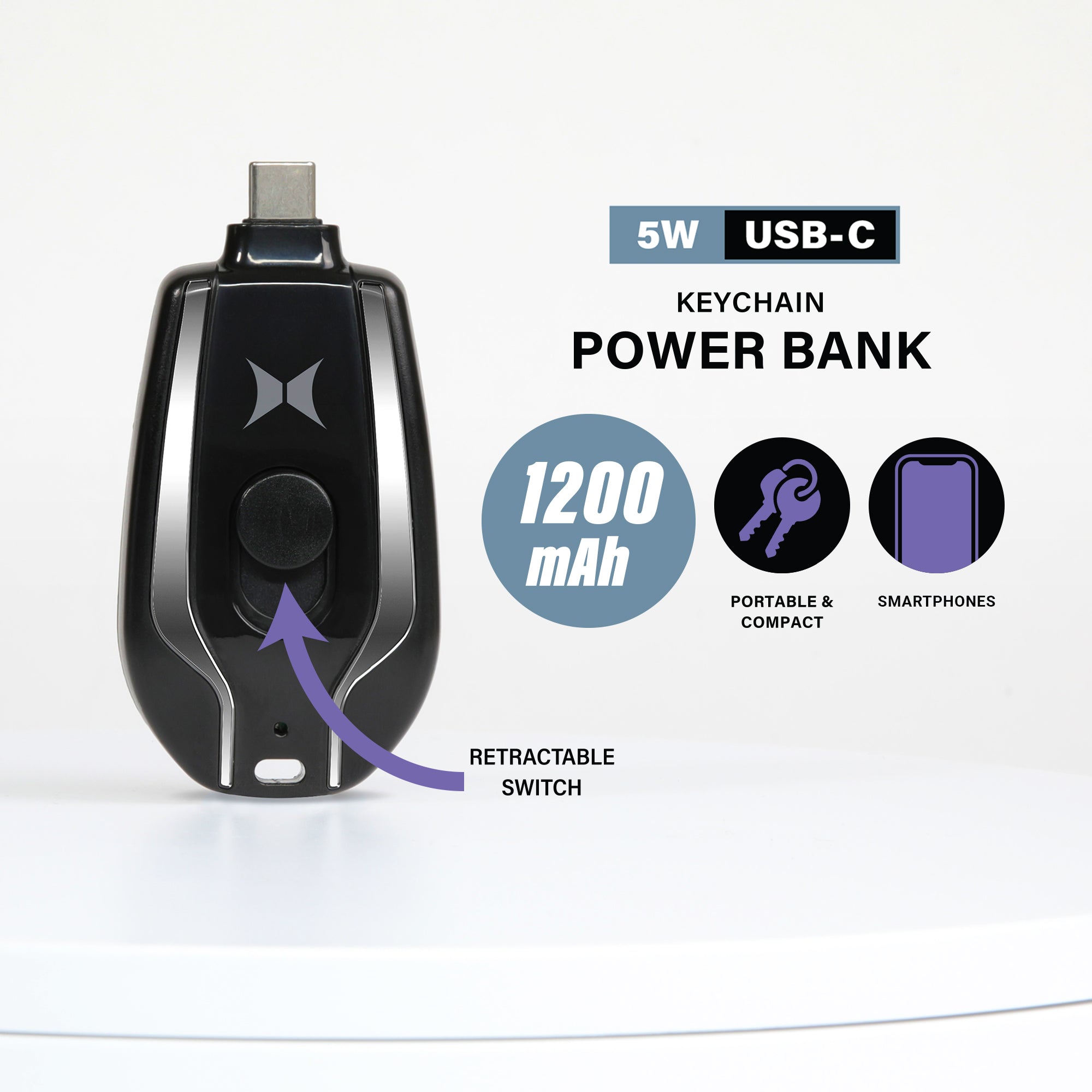 5W USB-C Keychain Power Bank - 1200 mAh Portable Charger with Retractable Switch for Phones, Earbuds & USB-C Devices