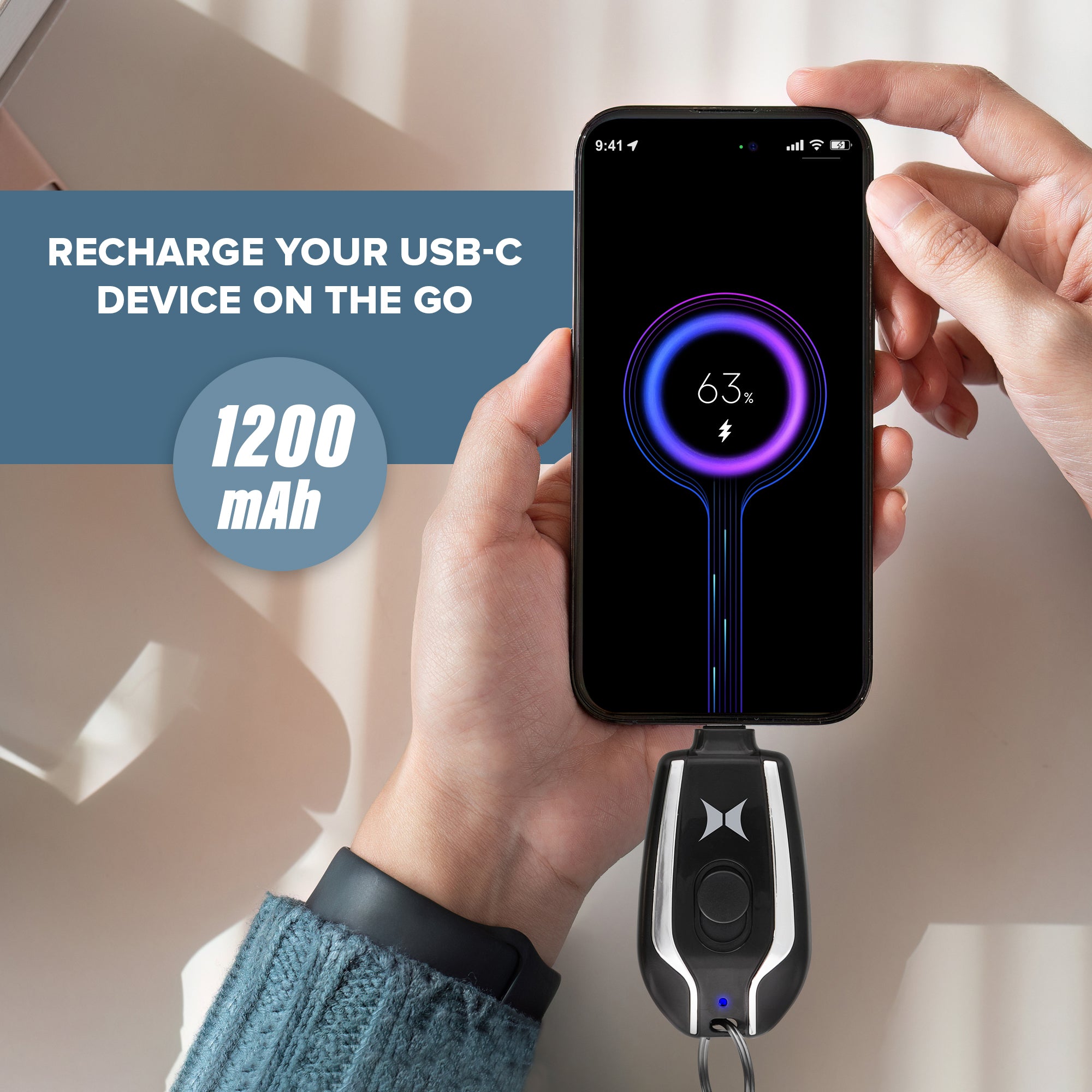 5W USB-C Keychain Power Bank - 1200 mAh Portable Charger with Retractable Switch for Phones, Earbuds & USB-C Devices