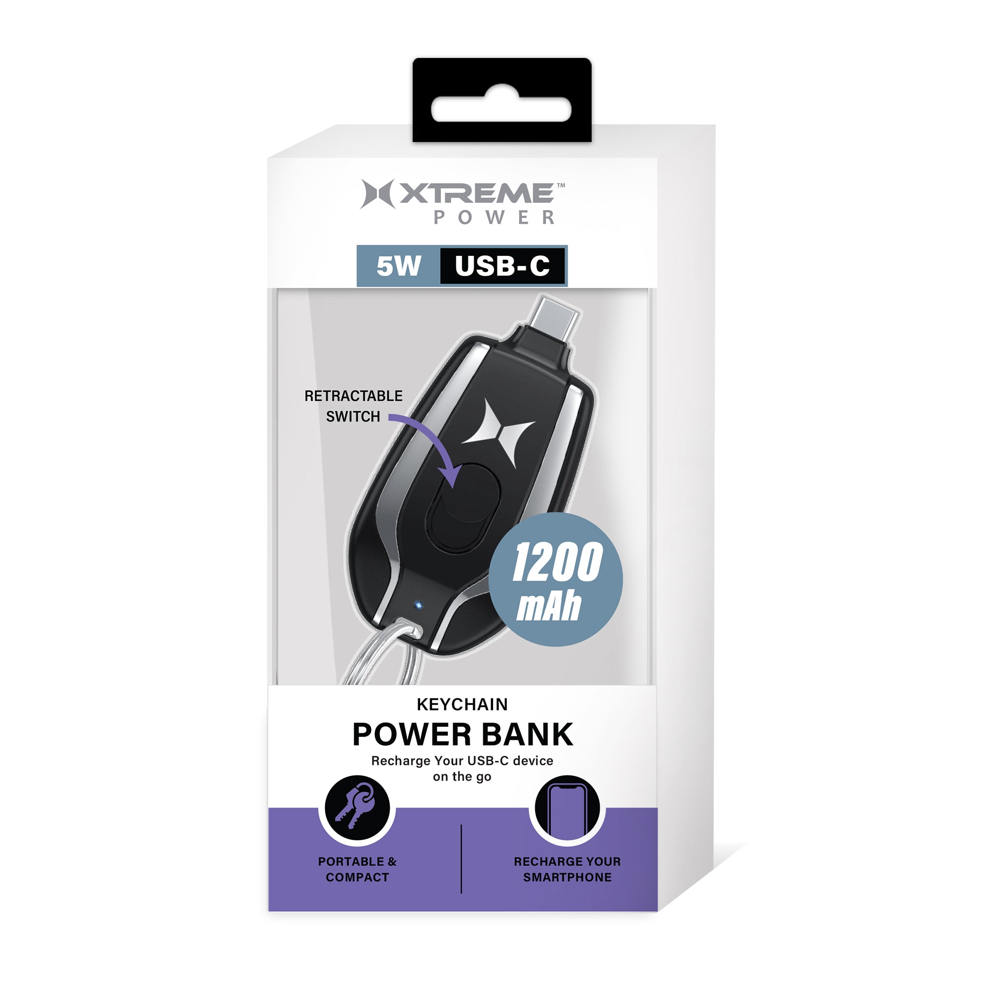 5W USB-C Keychain Power Bank - 1200 mAh Portable Charger with Retractable Switch for Phones, Earbuds & USB-C Devices