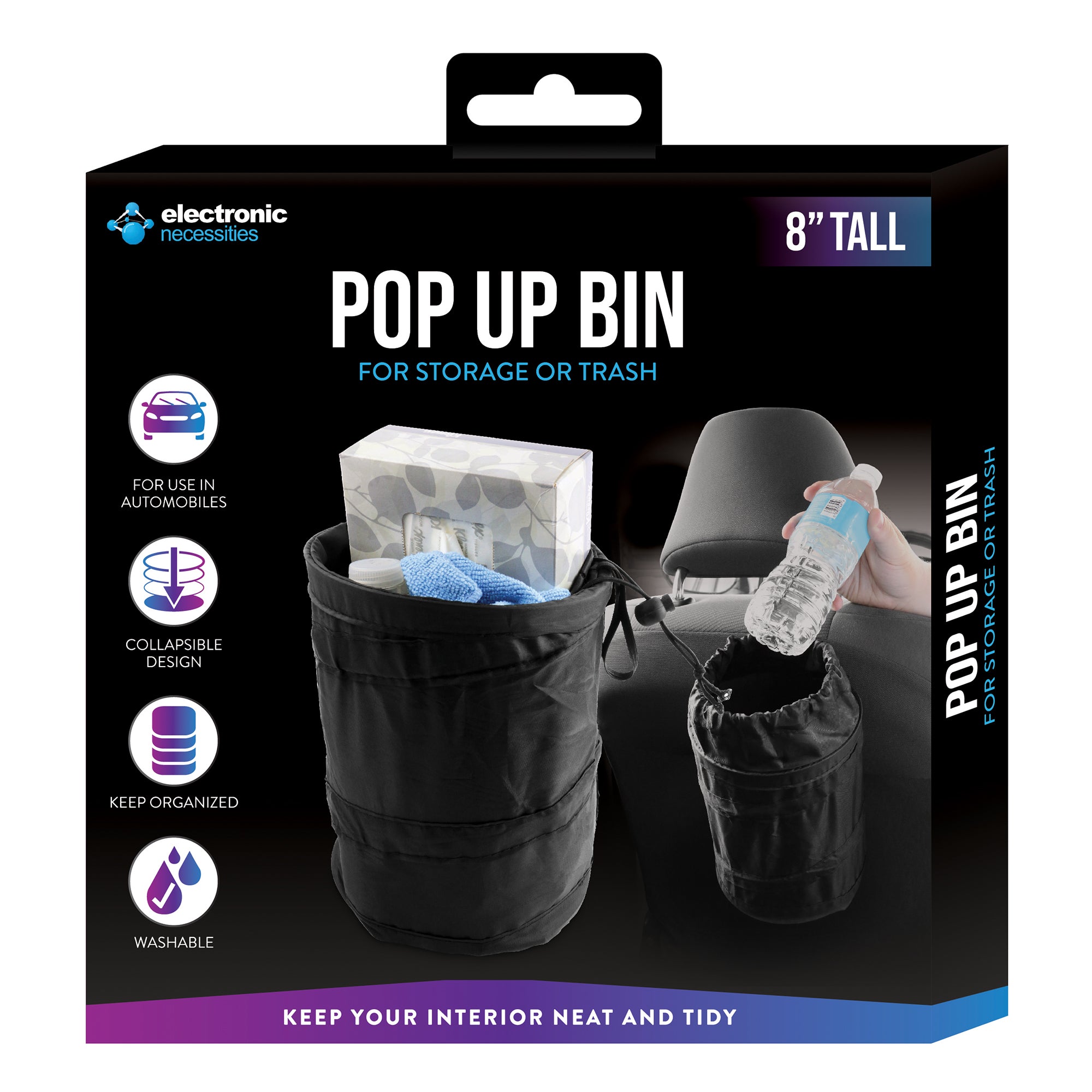 Pop Up Car Garbage Can - 8in Collapsible & Washable Waste Bin for Vehicle Organization & Storage