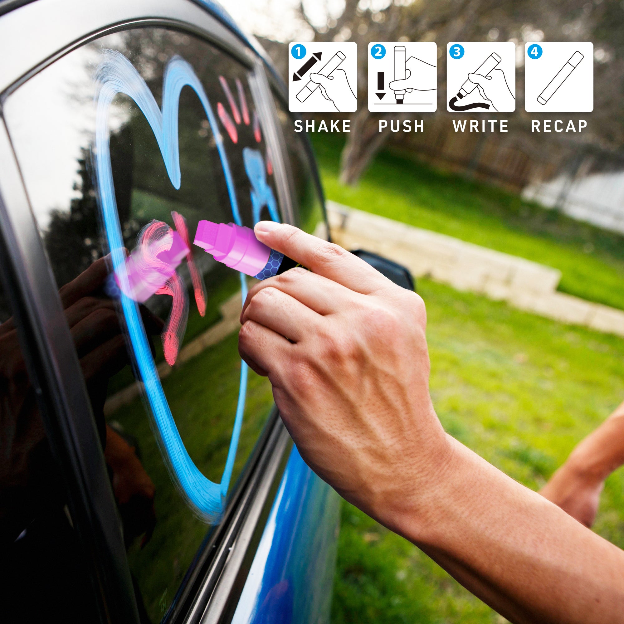 Auto Window Chalk Markers, 4 Pack Blue Green Pink White, Shake, Push, Write