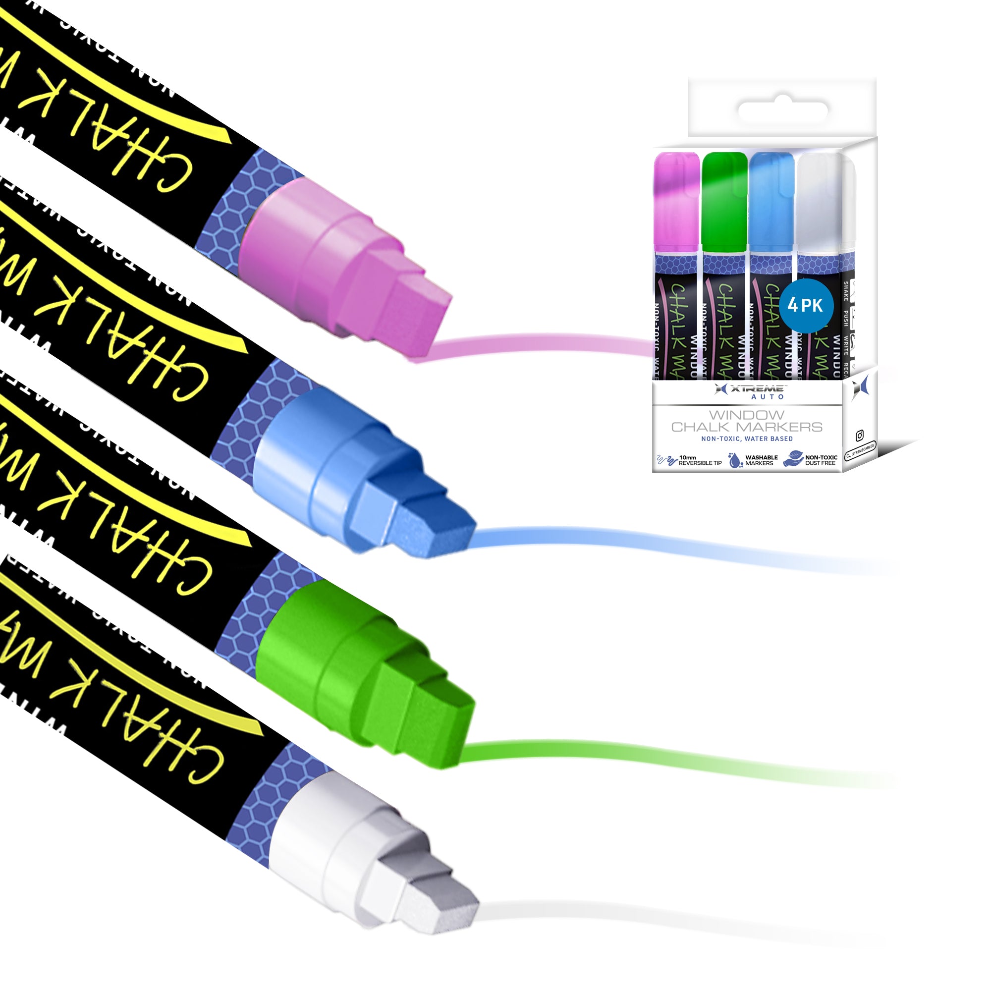 Auto Window Chalk Markers, 4 Pack Blue Green Pink White, Shake, Push, Write
