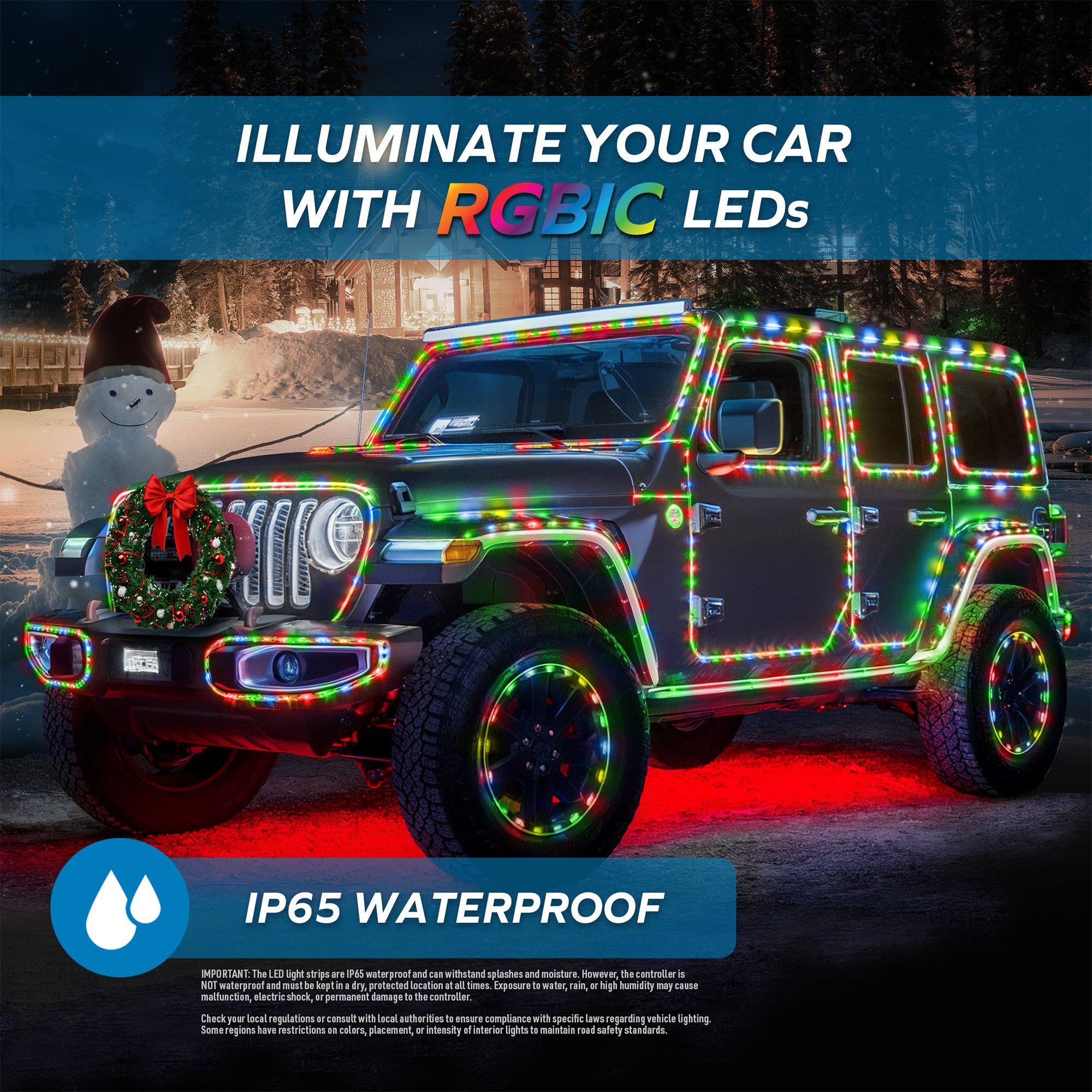 65.6ft RGBIC Color-Flow Car LED Light Strips - IP65 Waterproof, USB Powered, App Controlled with Multicolor Effects for Interior & Exterior Lighting