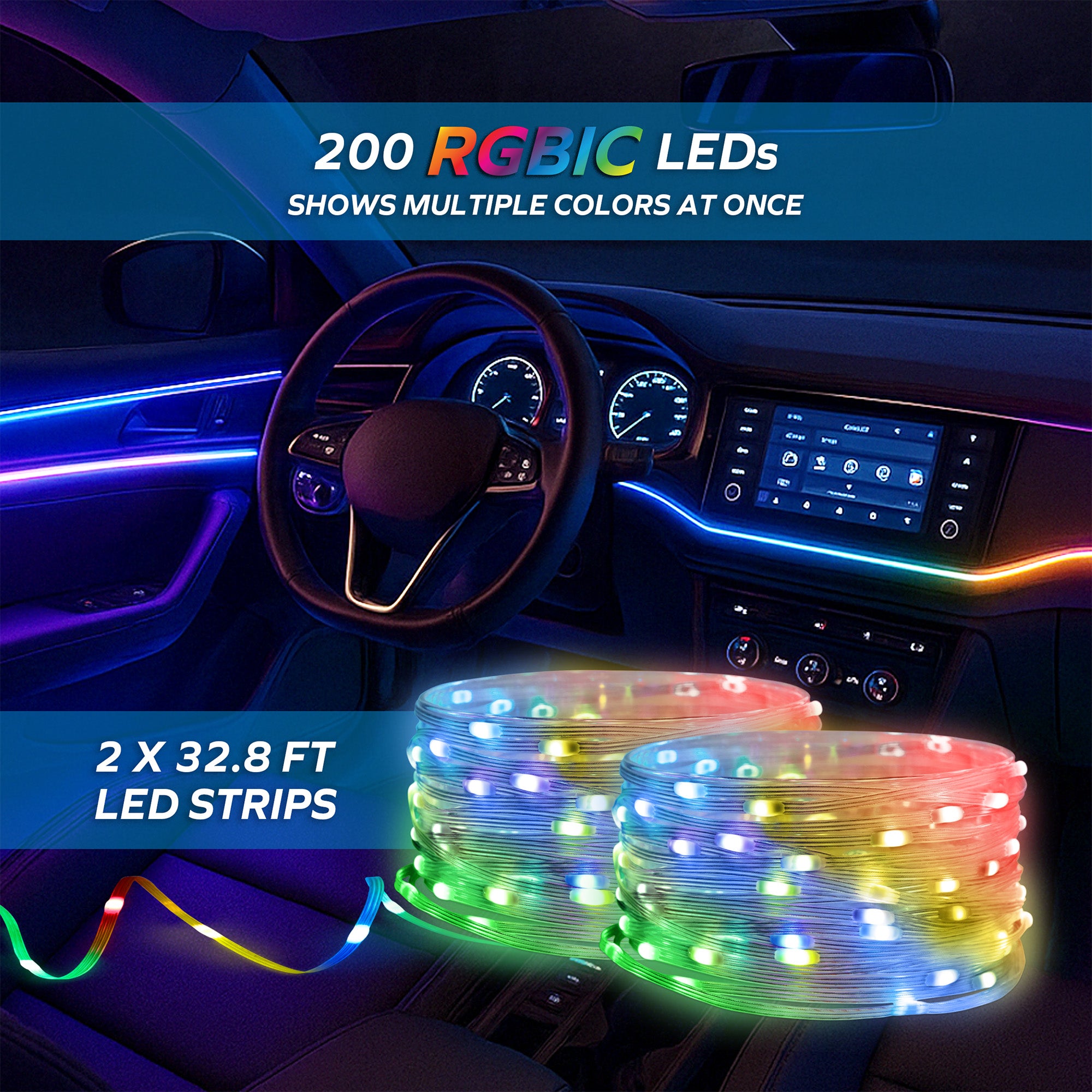 65.6ft RGBIC Color-Flow Car LED Light Strips - IP65 Waterproof, USB Powered, App Controlled with Multicolor Effects for Interior & Exterior Lighting