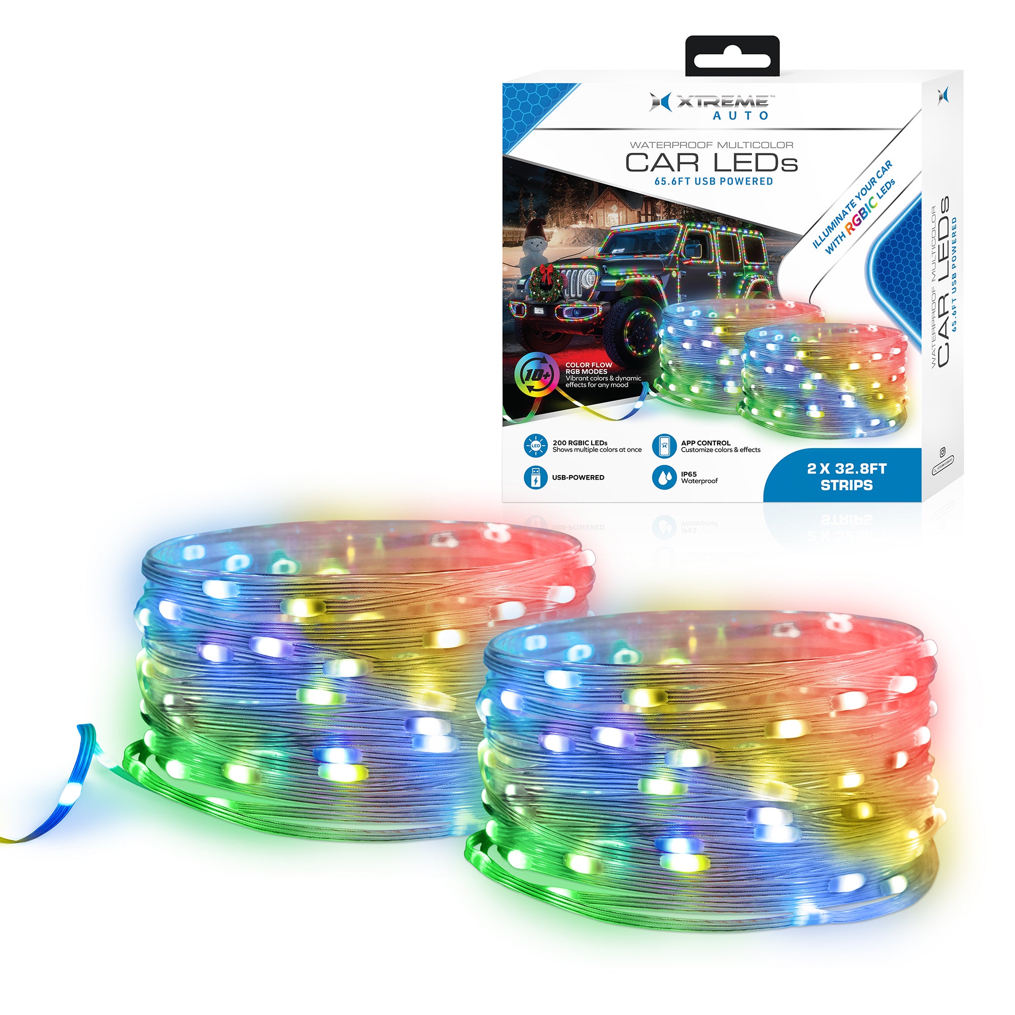 65.6ft RGBIC Color-Flow Car LED Light Strips - IP65 Waterproof, USB Powered, App Controlled with Multicolor Effects for Interior & Exterior Lighting