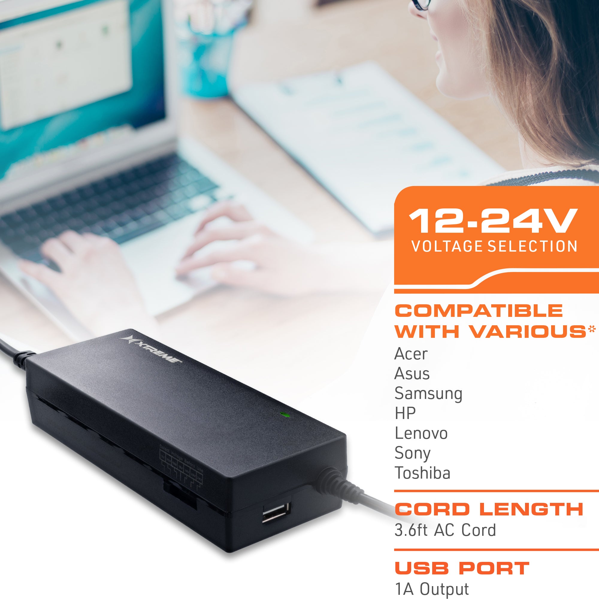90W Universal Laptop Charger with 9 Tips & USB Port - Multi-Voltage AC Power Adapter for Dell, HP, Lenovo, Acer & More