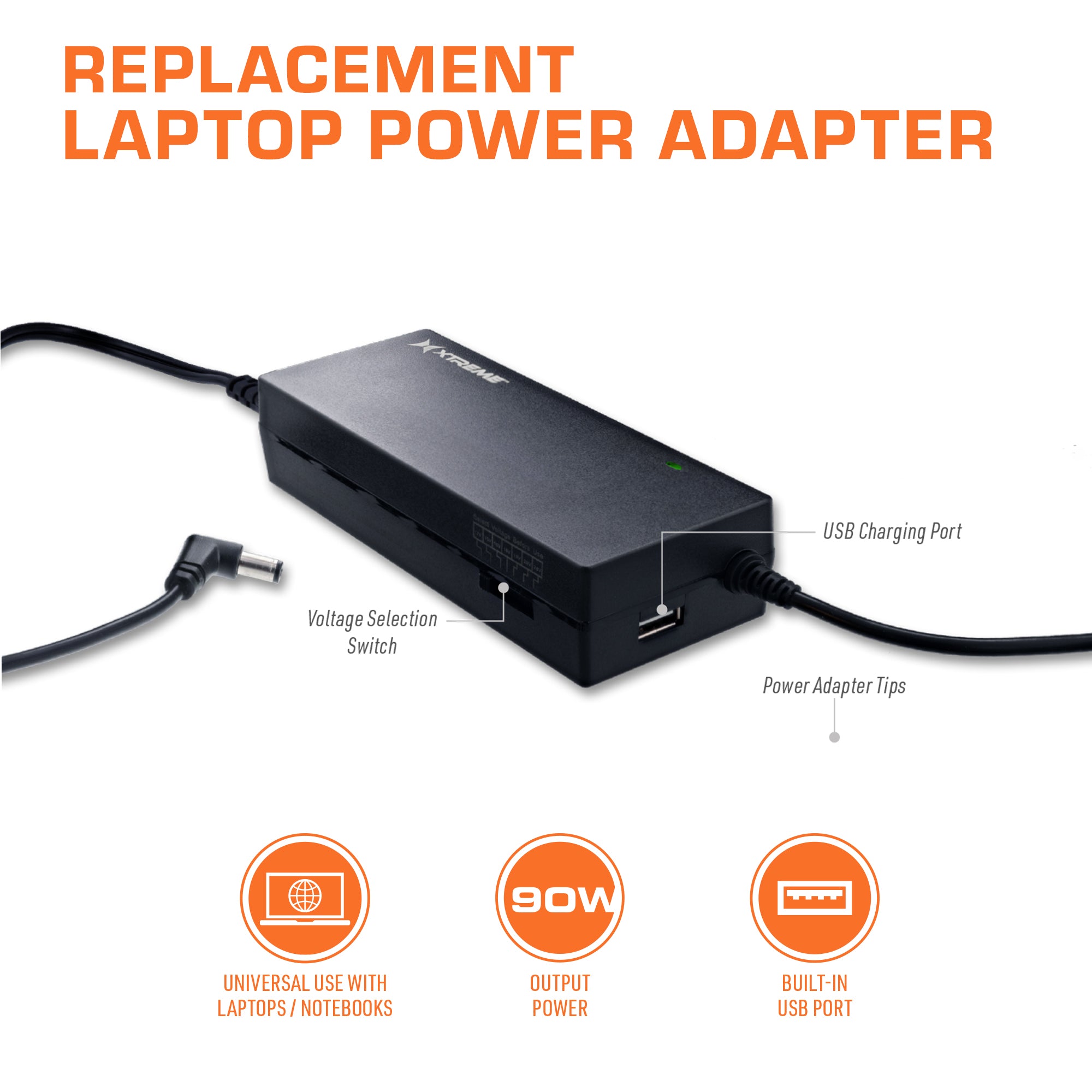 90W Universal Laptop Charger with 9 Tips & USB Port - Multi-Voltage AC Power Adapter for Dell, HP, Lenovo, Acer & More