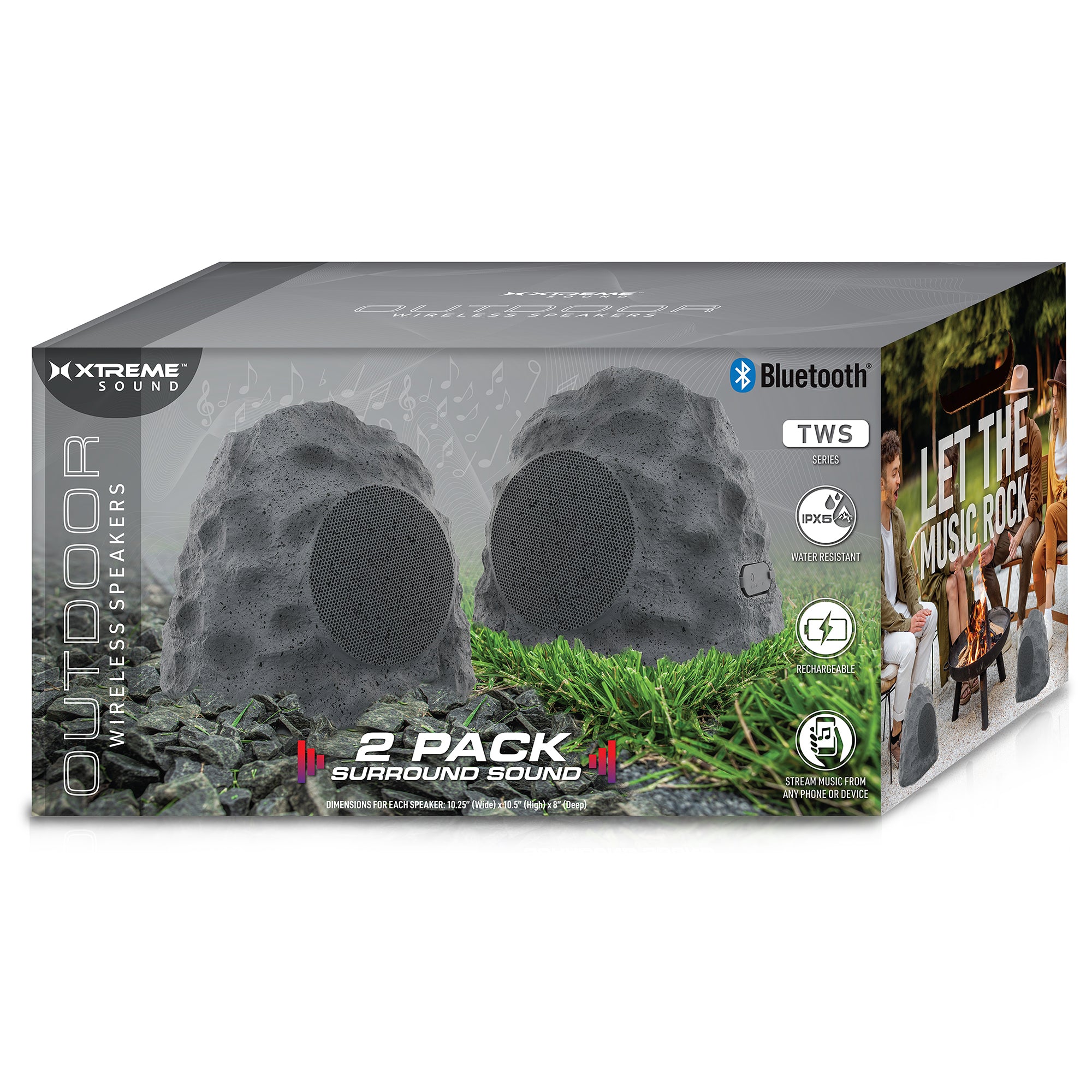 Rock Speakers Outdoor Waterproof 2 Pack - IPX5 Water-Resistant Speaker with True Wireless Stereo - 33ft Range