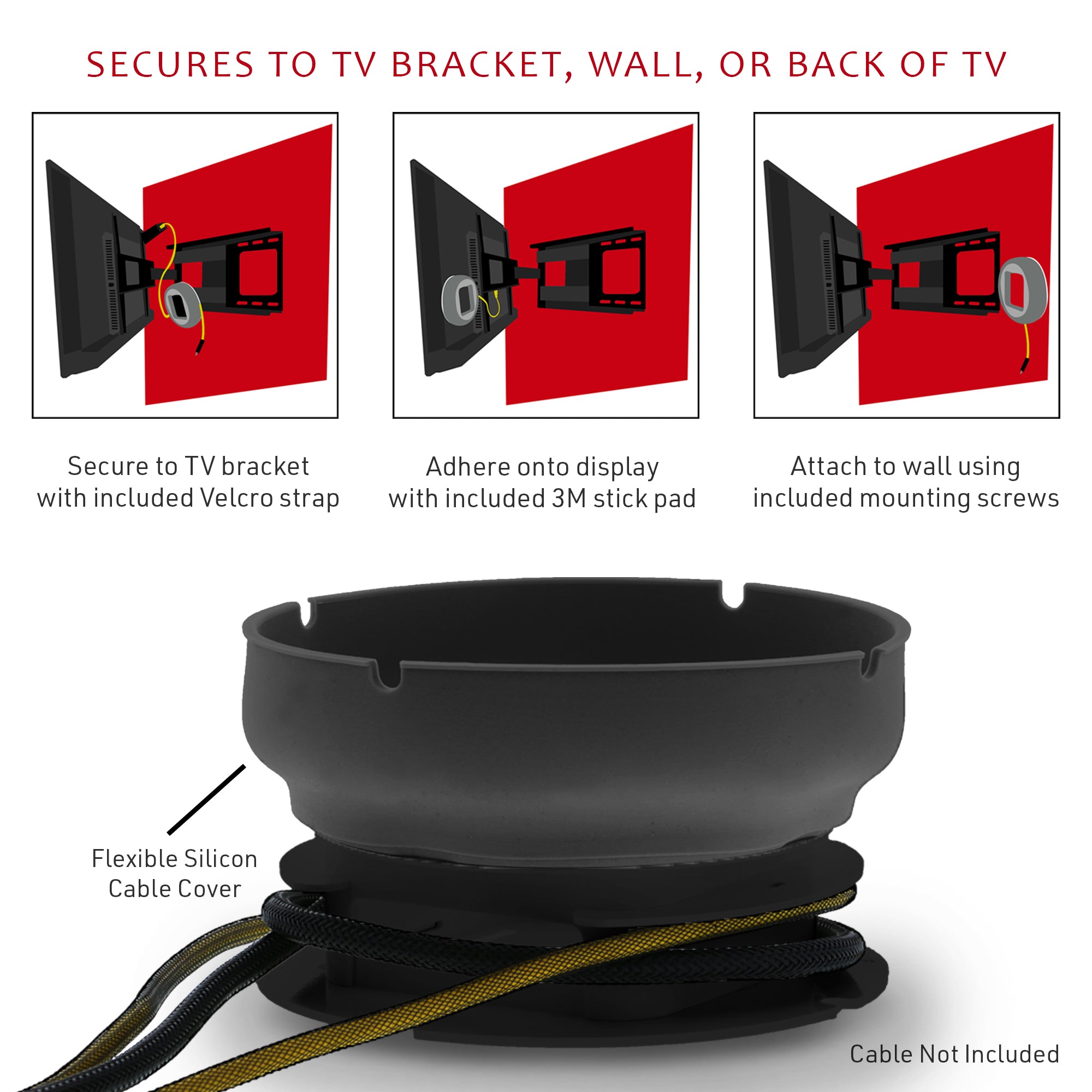 Xtreme Universal Cable Management Box – Fits up to 10ft of Cord – 3-Way Mounting for TV Brackets, Walls, or TV Backs (Black)