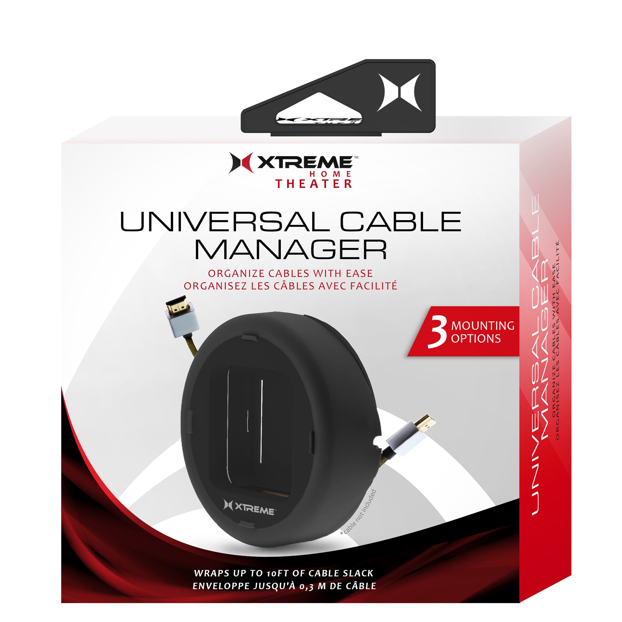 Xtreme Universal Cable Management Box – Fits up to 10ft of Cord – 3-Way Mounting for TV Brackets, Walls, or TV Backs (Black)