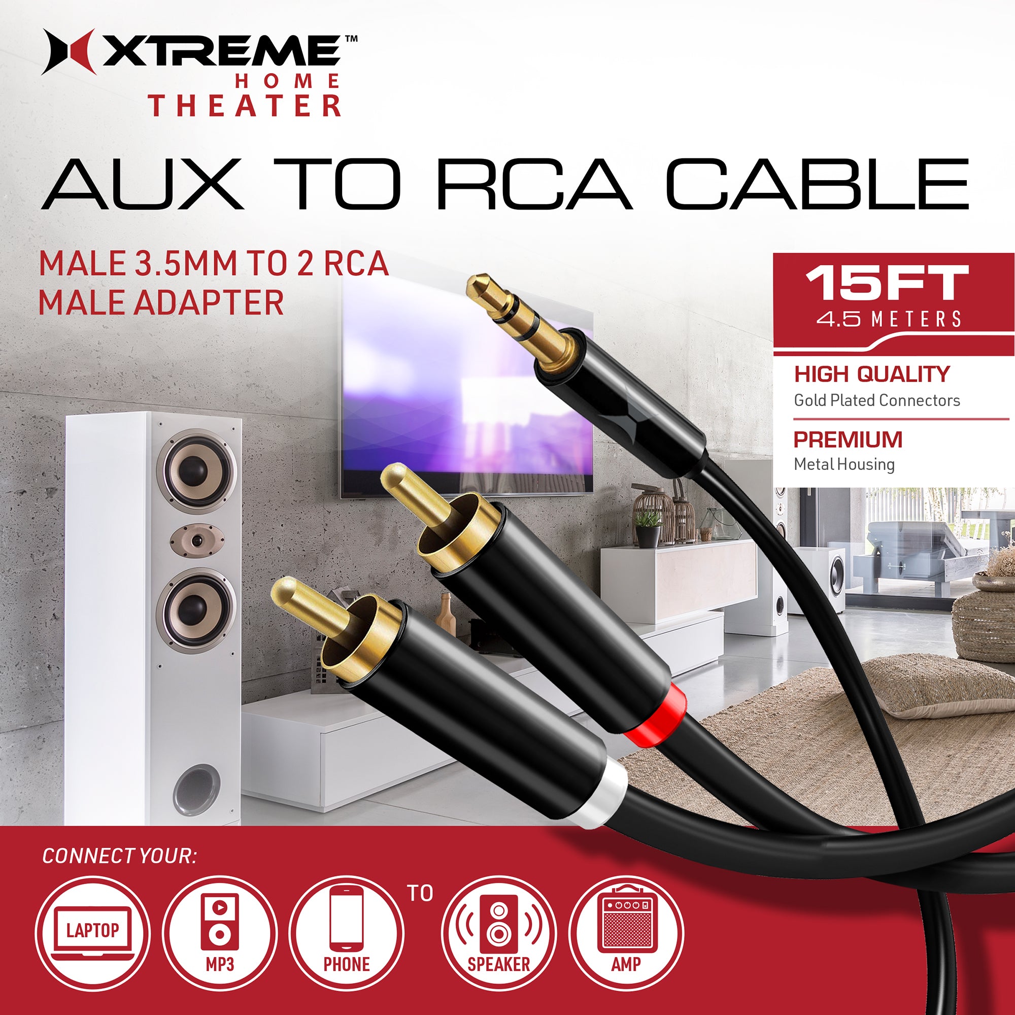 15ft 3.5mm to 2-Male RCA Audio Stereo Adapter Cable - Gold-Plated, Extra Long Auxiliary Cord for Speakers, TV, Home Theater Systems, Smartphones, Laptops