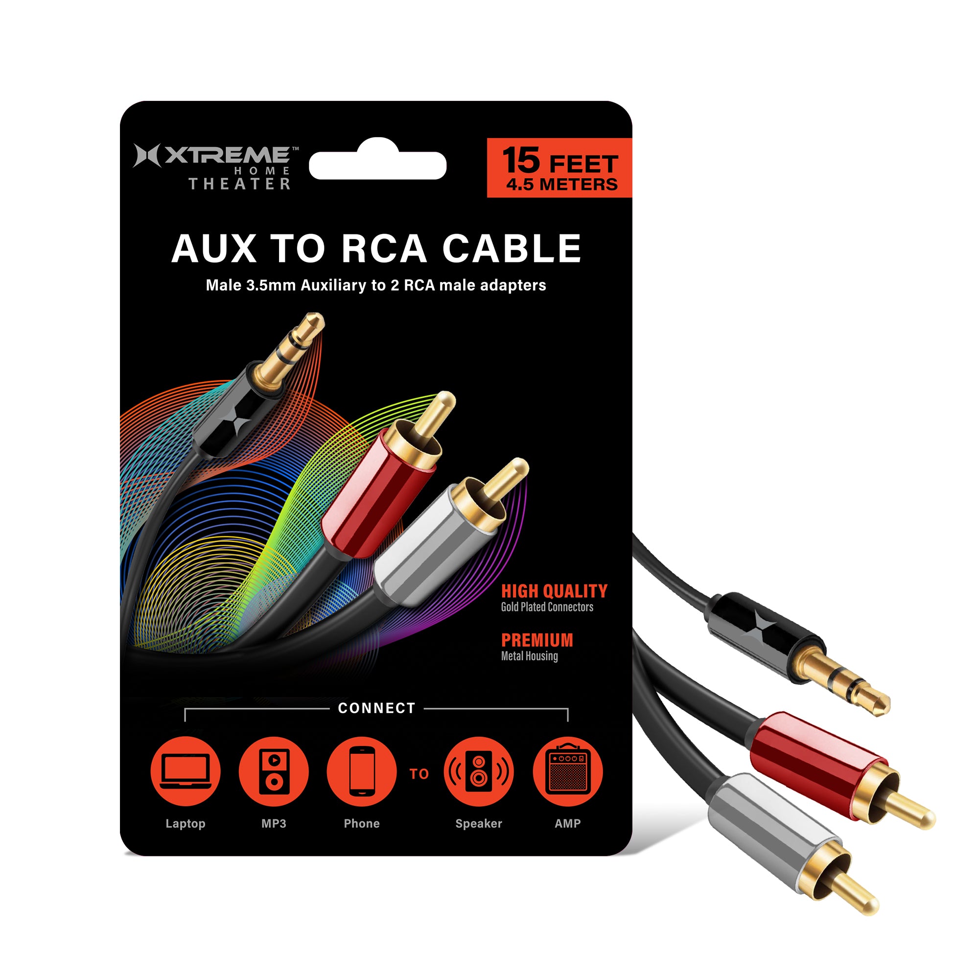 15ft 3.5mm to 2-Male RCA Audio Stereo Adapter Cable - Gold-Plated, Extra Long Auxiliary Cord for Speakers, TV, Home Theater Systems, Smartphones, Laptops