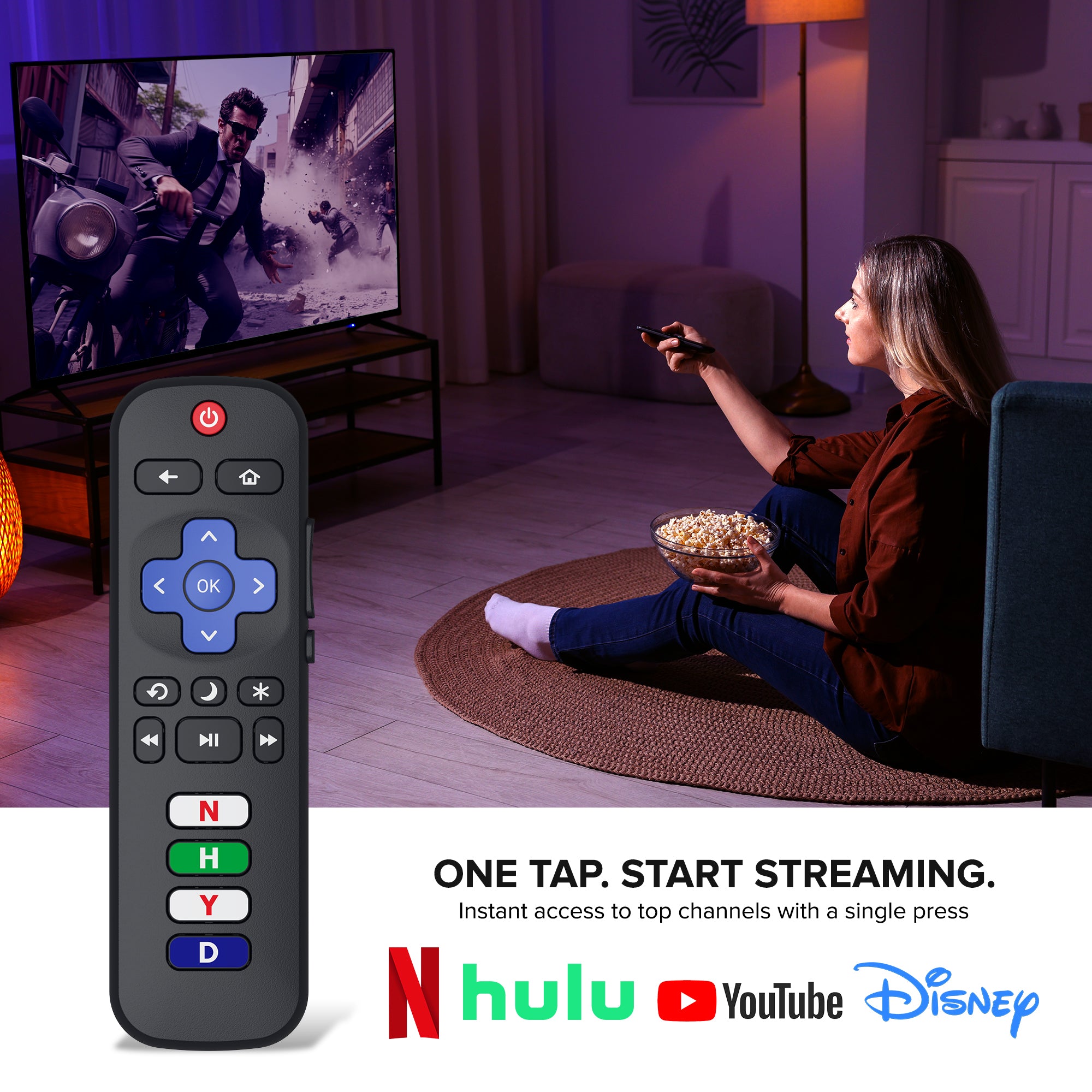 Xtreme Universal Replacement Remote for Roku Smart TVs – Pre-Programed with Netflix, Hulu, Disney+, and YouTube Hotkeys
