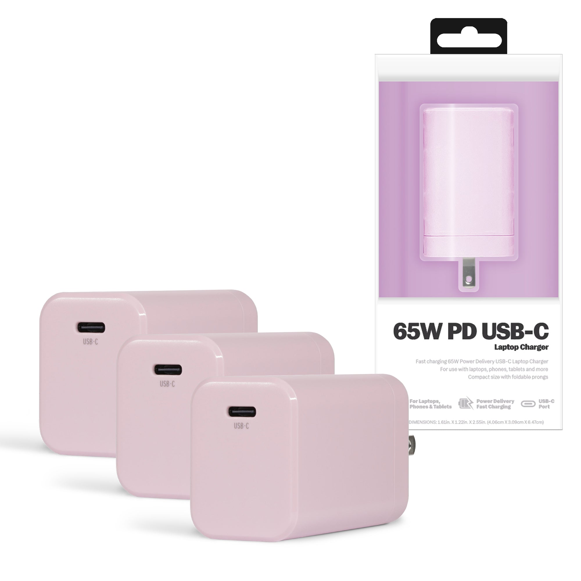 3-Pack 65W USB-C Wall Charger for Laptops with PD Power Delivery, Compact Fast Charging Wall Charger