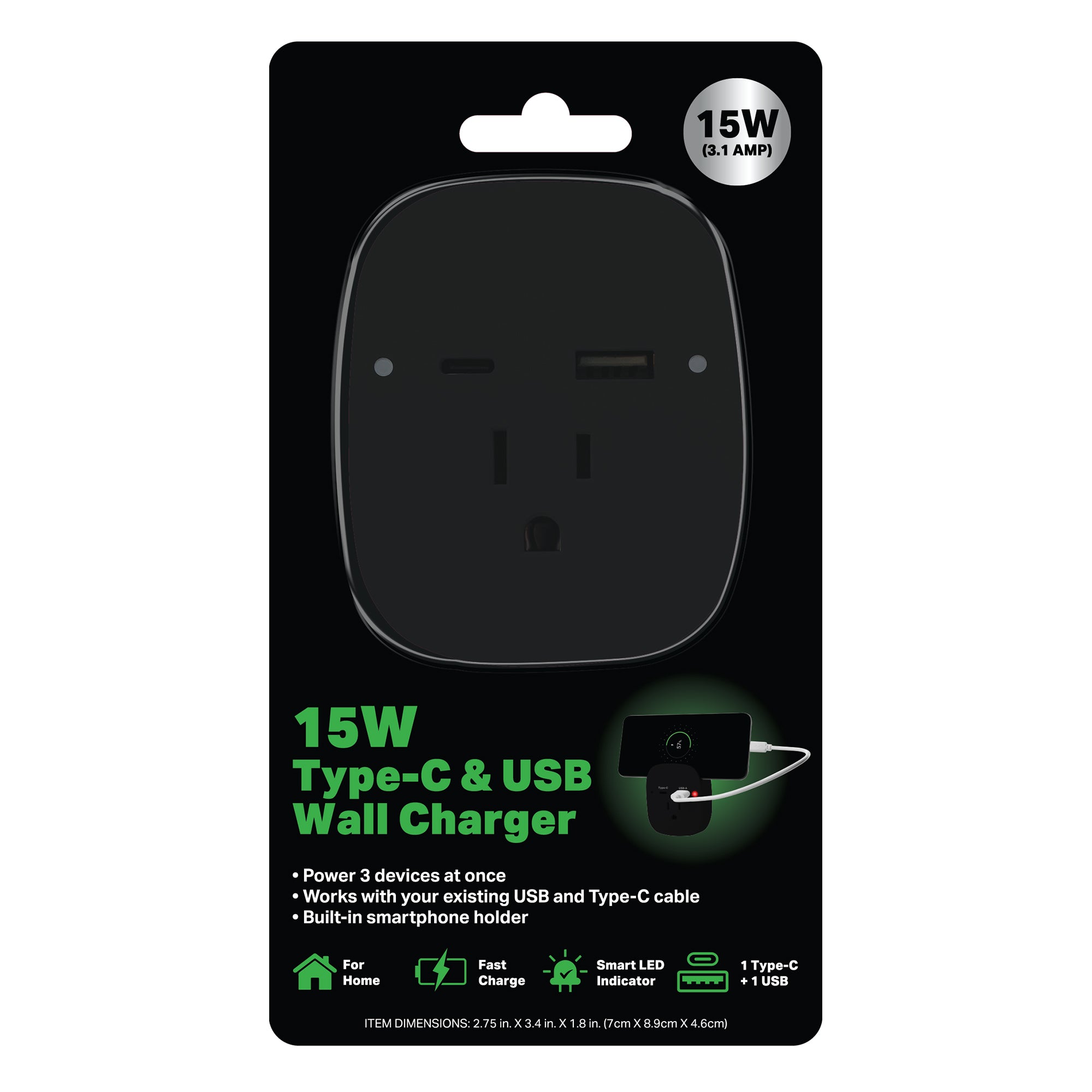 15W USB-C and USB-A Wall Charger with Built-in Smartphone Holder, Power Three Devices at Once, Fast Charging Power Adapter