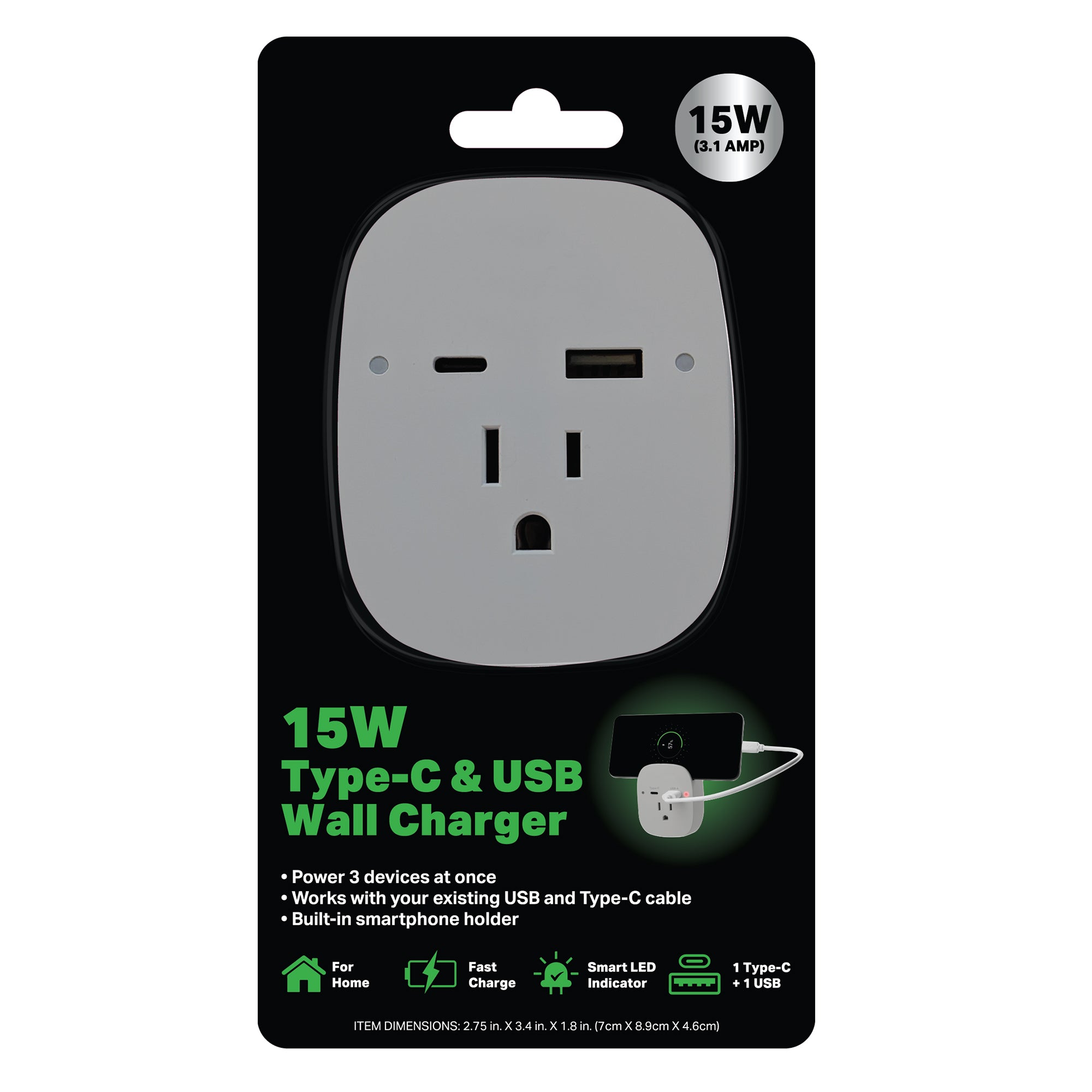 15W USB-C and USB-A Wall Charger with Built-in Smartphone Holder, Power Three Devices at Once, Fast Charging Power Adapter