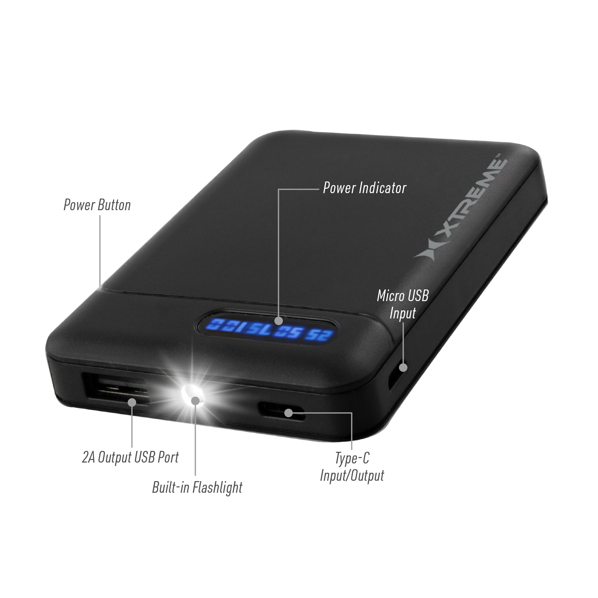 5000mAh Type-C Power Bank with Digital Display, Dual USB Outputs, and Built-in Flashlight - Portable Battery Charger for All Devices