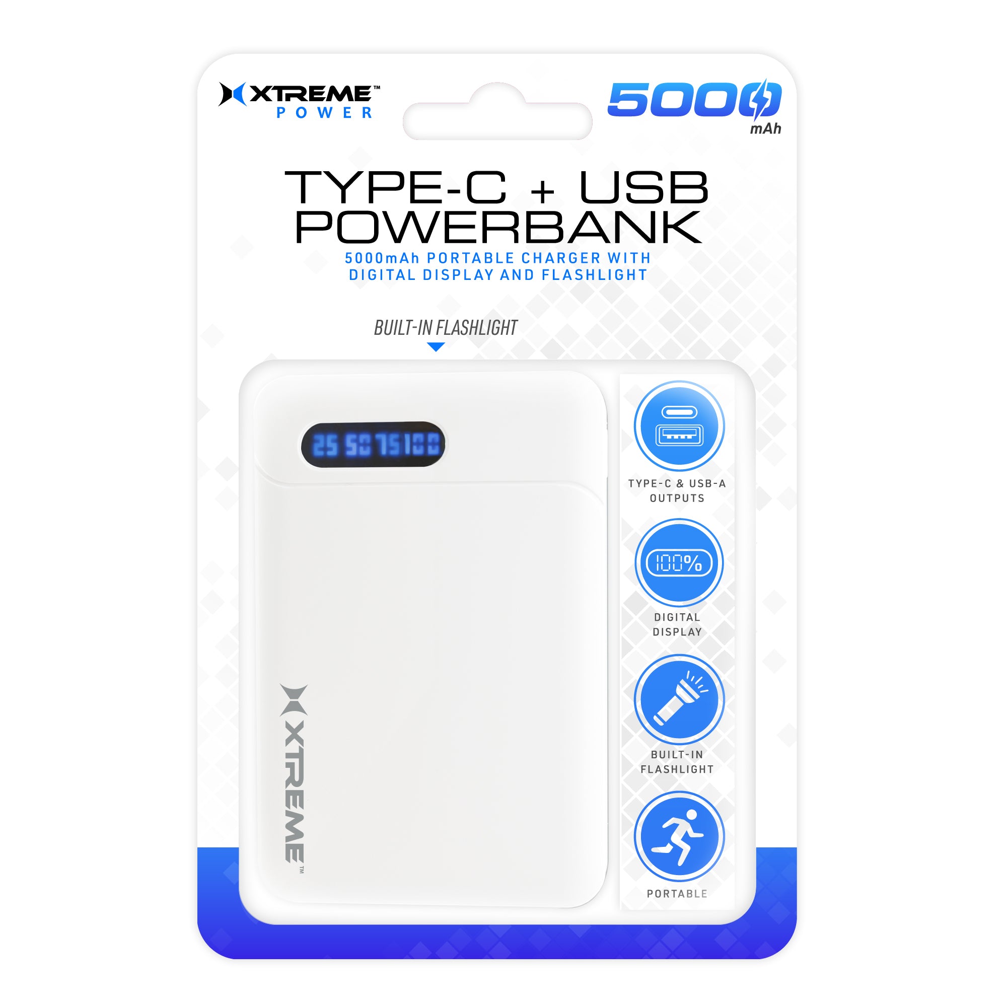 5000mAh Type-C Power Bank with Digital Display, Dual USB Outputs, and Built-in Flashlight - Portable Battery Charger for All Devices