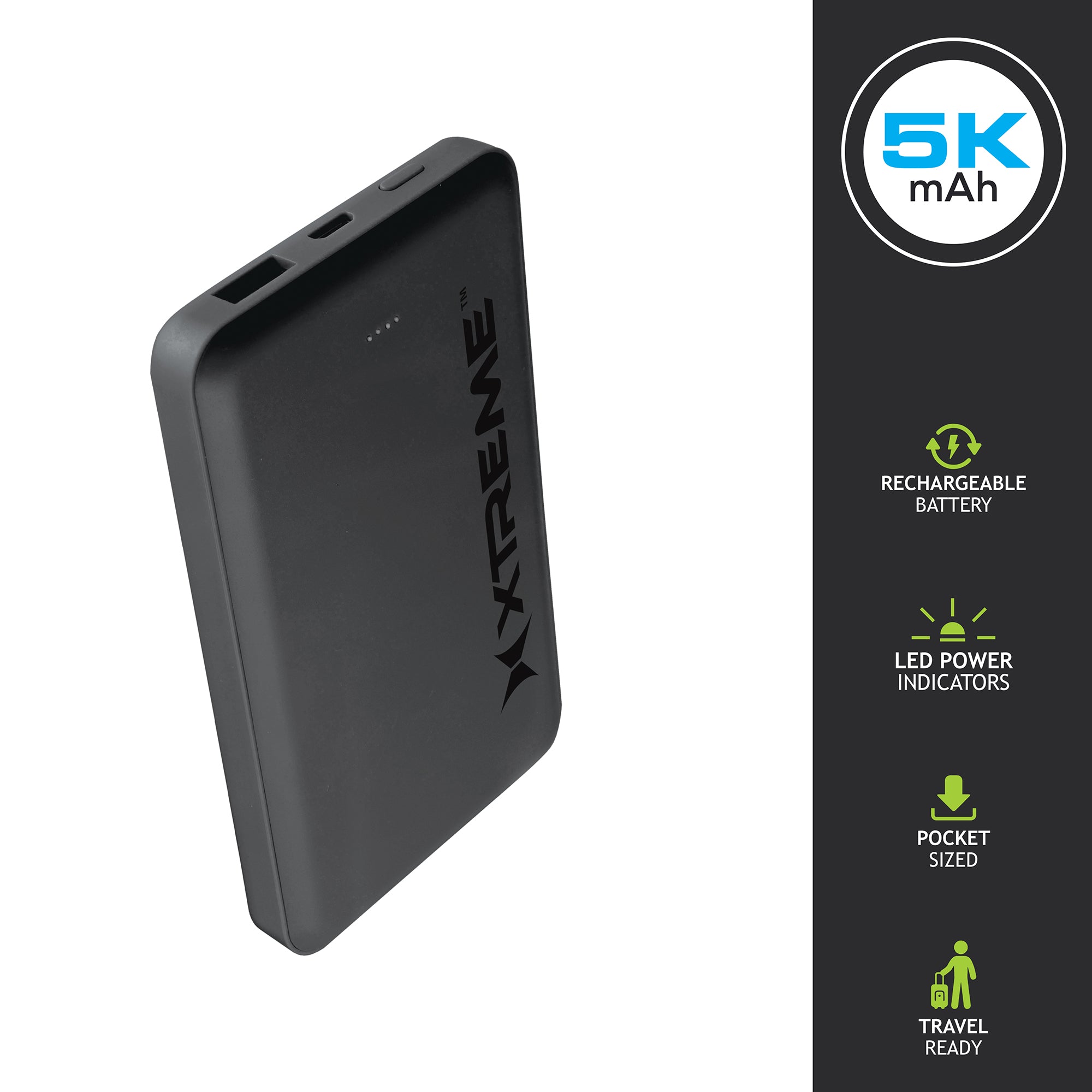 10W USB-A 5000mAh Pocket Power Bank with LED Indicators, Portable Rechargeable Travel Battery Pack for Smartphones and Devices