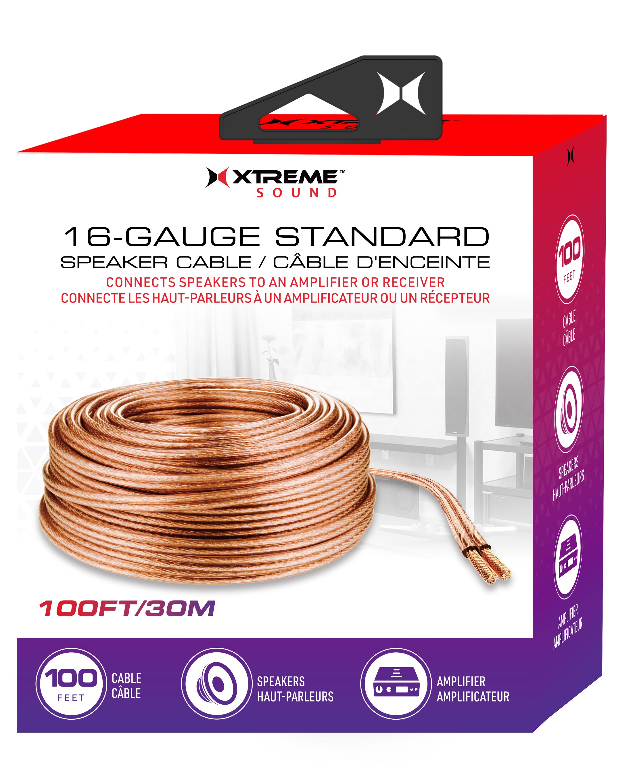 100ft 16 Gauge Speaker Wire - 16AWG Standard, Oxygen-Free Copper, High-Quality Audio Cable for Home Theater