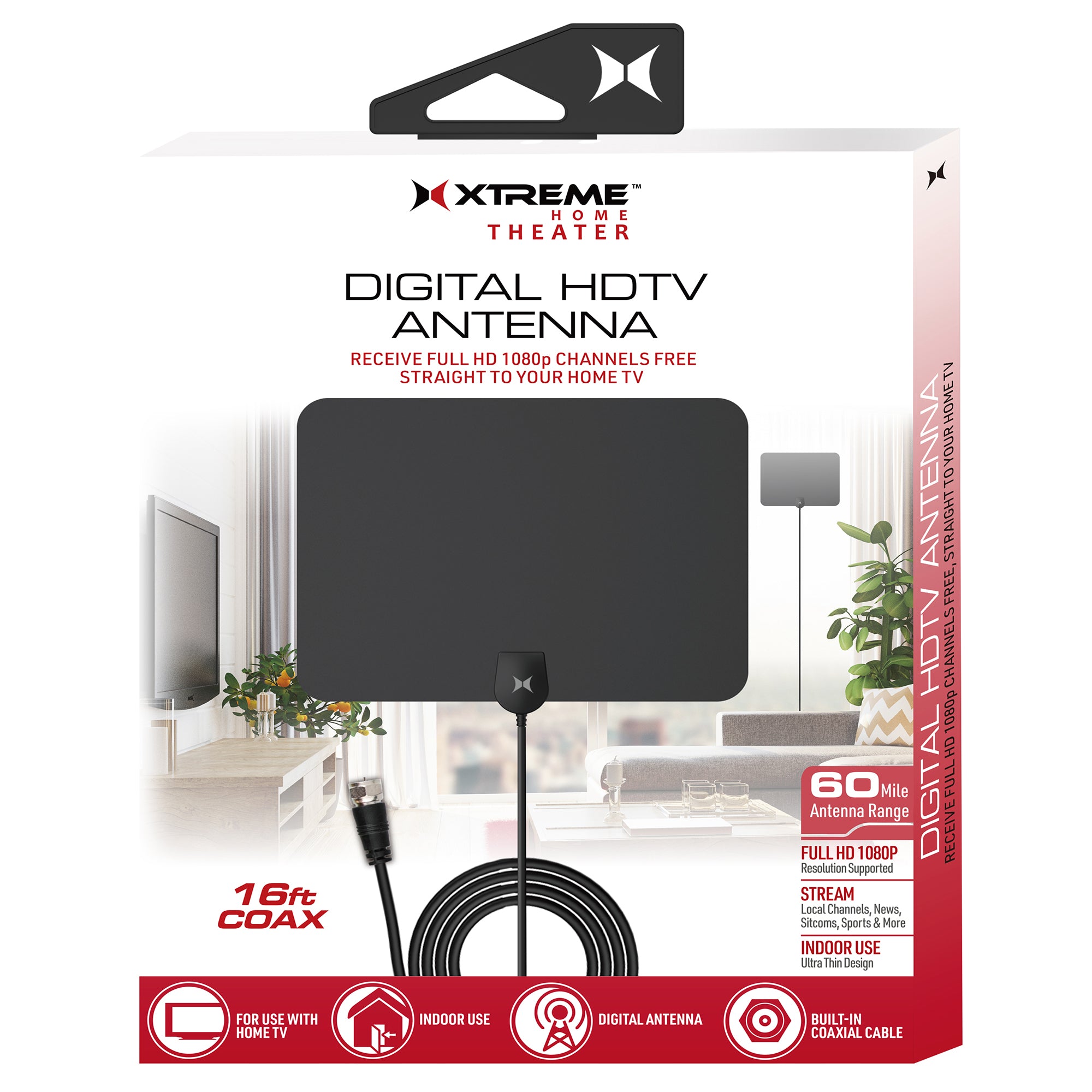 Digital HDTV Antenna for 1080P HD Channels, 60-Mile Range & Easy DIY Installation, Get Free Local TV with Crystal Clear Picture, Includes 16ft Coaxial Cable