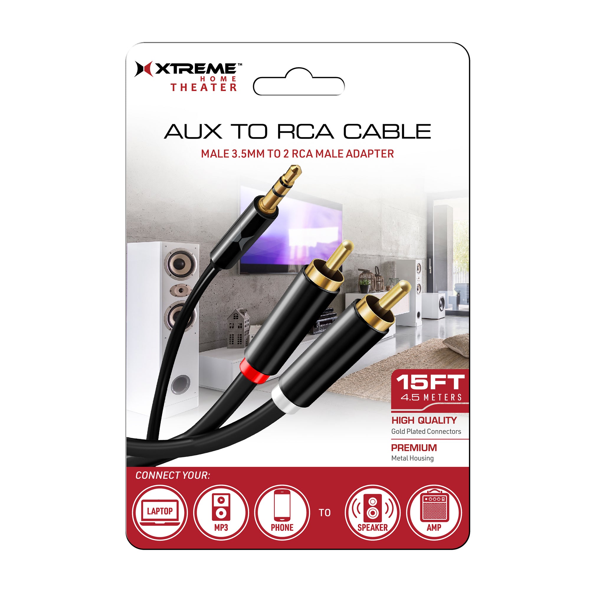 15ft 3.5mm to 2-Male RCA Audio Stereo Adapter Cable - Gold-Plated, Extra Long Auxiliary Cord for Speakers, TV, Home Theater Systems, Smartphones, Laptops