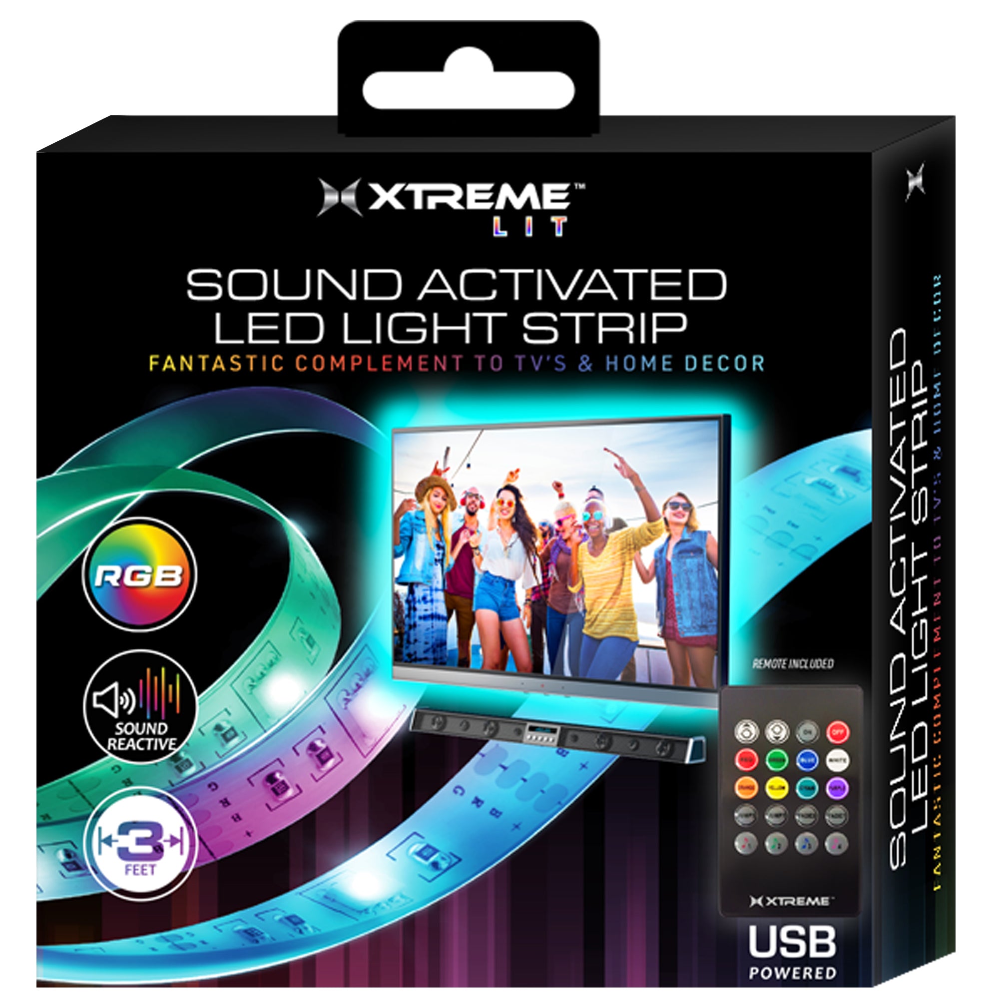 Xtreme 3ft Sound-Activated LED Strip, Customizable Multicolor RGB Lighting, USB-Powered