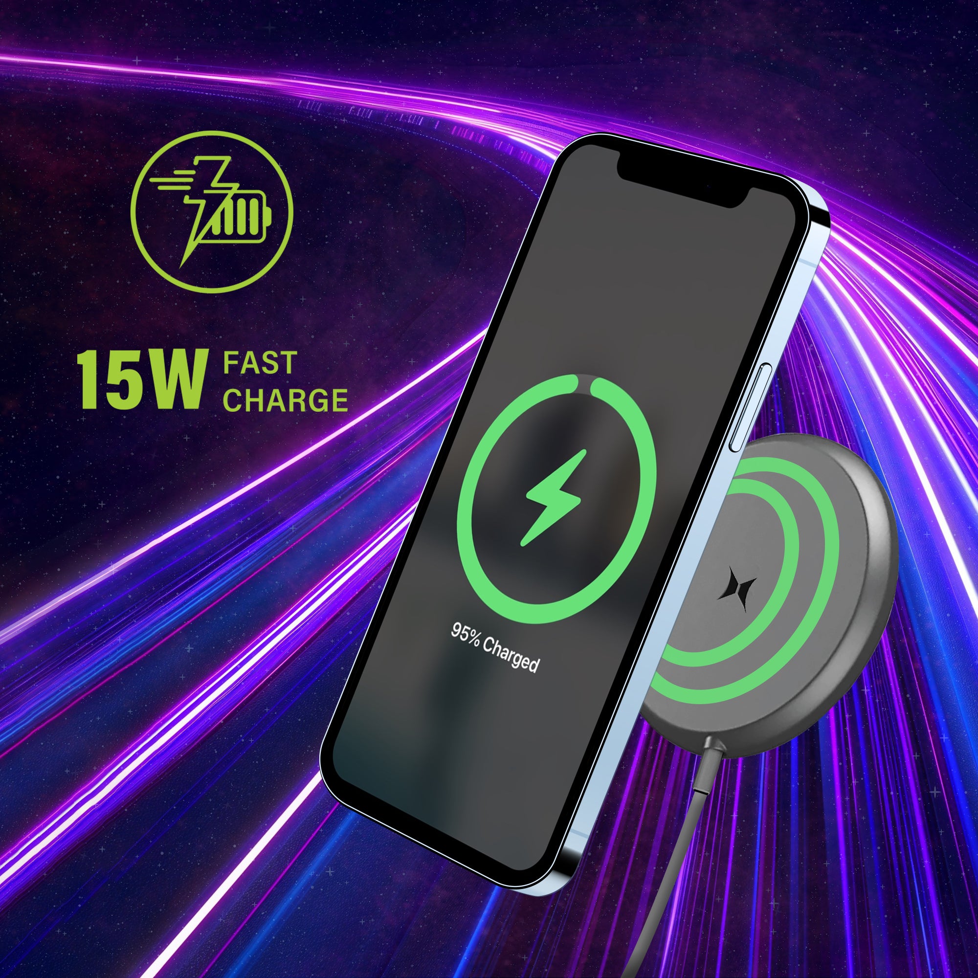 15W Fast Wireless Magnetic Charger with Cosmic Glitter, USB-C, MagSafe Compatible for iPhone 16/15/14/13/12, Samsung Galaxy, and Other Android Devices
