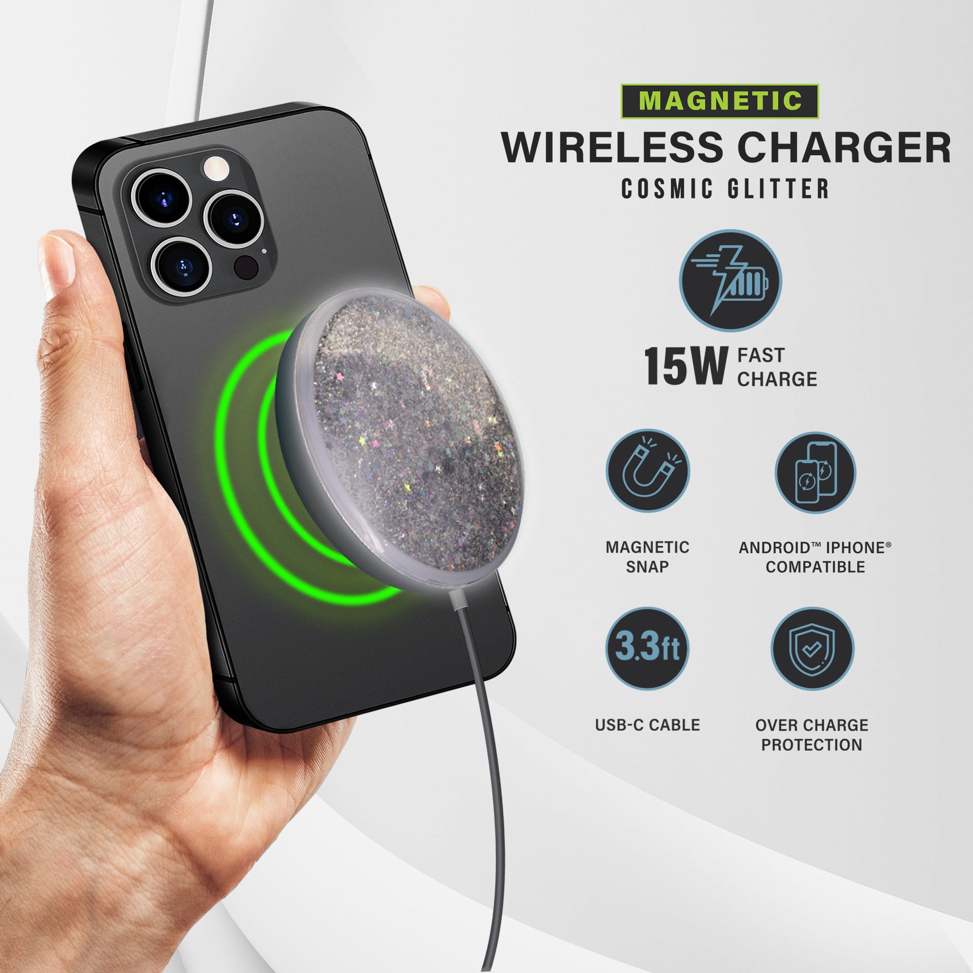 15W Fast Wireless Magnetic Charger with Cosmic Glitter, USB-C, MagSafe Compatible for iPhone 16/15/14/13/12, Samsung Galaxy, and Other Android Devices