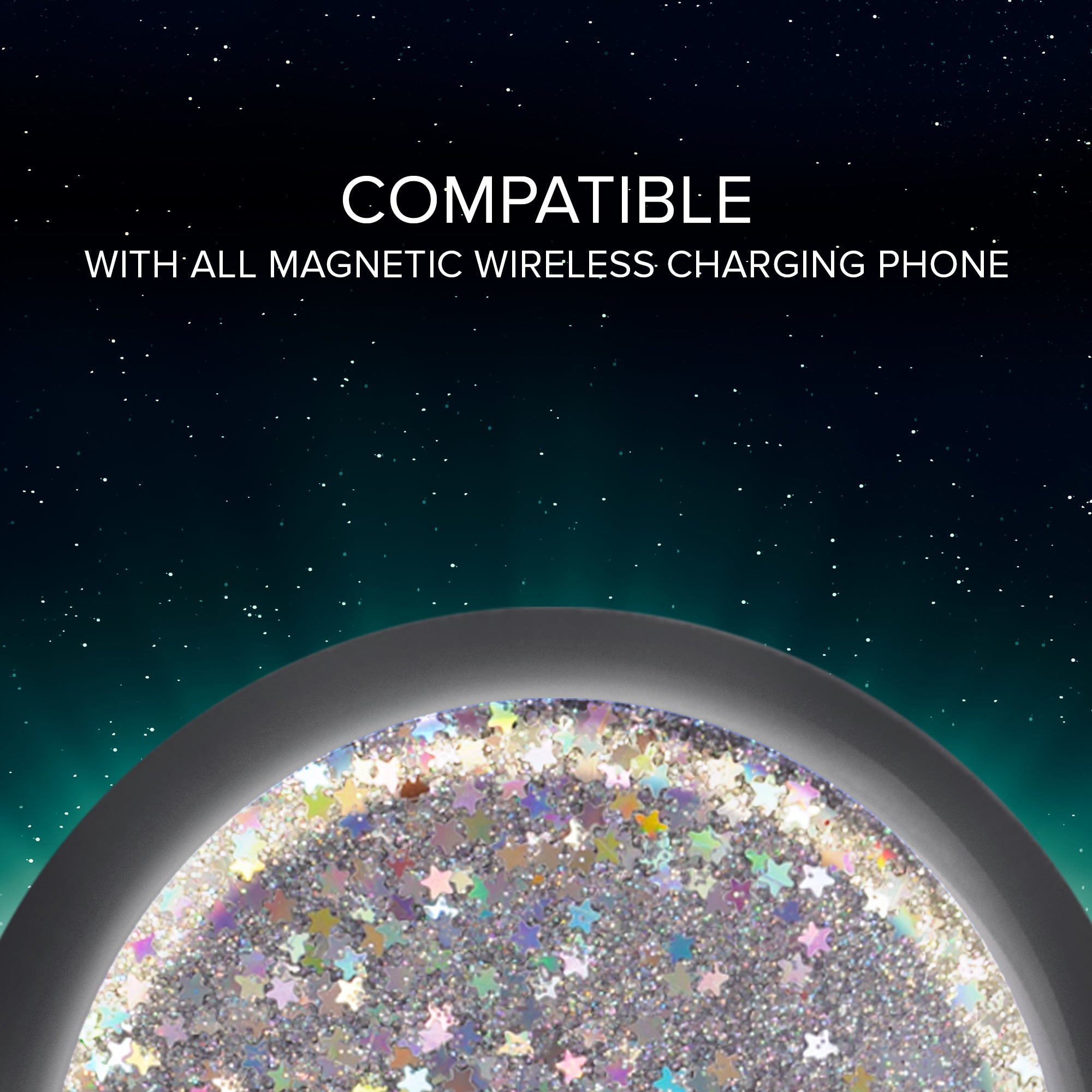 15W Fast Wireless Magnetic Charger with Cosmic Glitter, USB-C, MagSafe Compatible for iPhone 16/15/14/13/12, Samsung Galaxy, and Other Android Devices